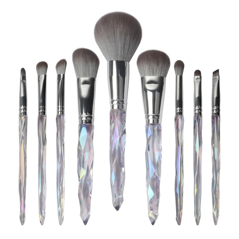 9pcs Gradient Colorful Clear Glitter Crystal Diamond Handle Synthetic Hair Makeup Brush Set for Face Used with Concealer