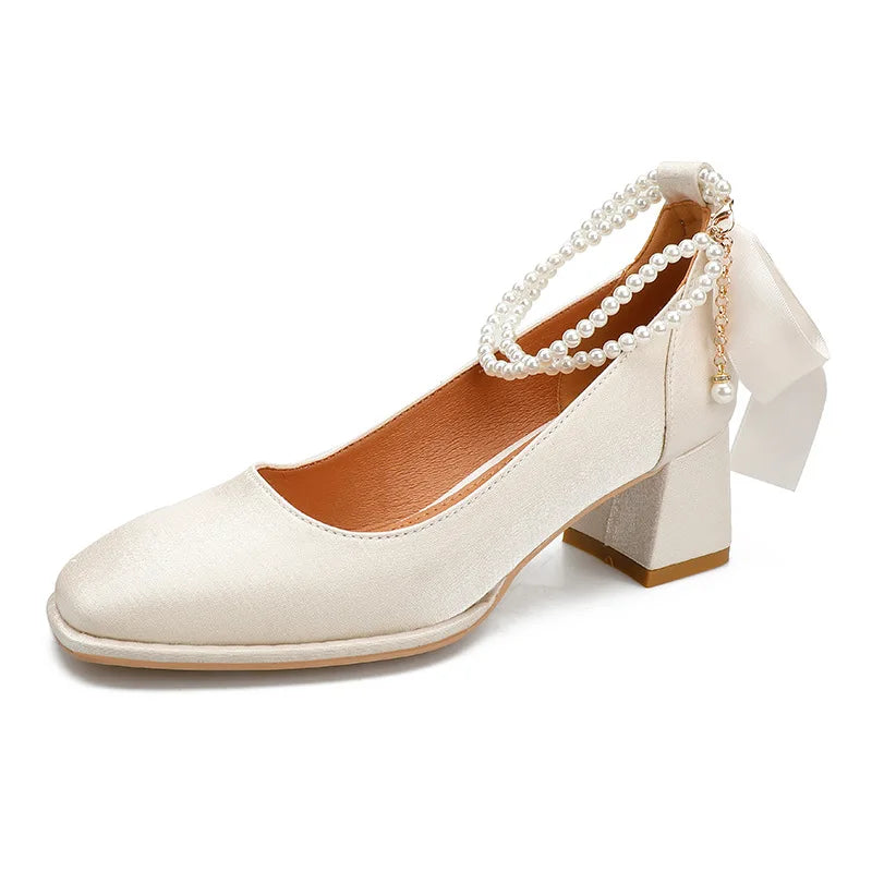 Square Toe High Heels Thick Heel Mary Jane Women's Shoes New Red Wedding Shoes High-end Pearl Mid-heel Shoes