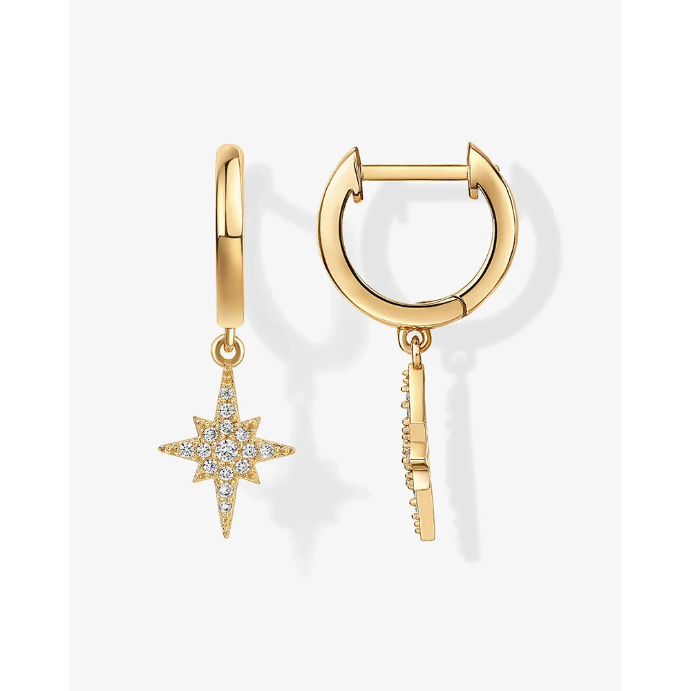 18k Gold Plated Pave Setting Cubic Zirconia Jewelry 925 Sterling Silver North Star Starburst Dangle Drop Hoop Earrings for Women