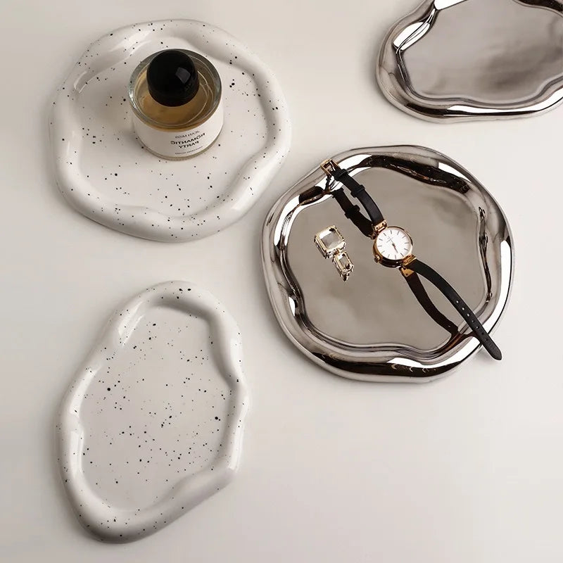 Irregular Ceramic Tray Light Luxury Electroplated Silver Fruit Dessert Plate