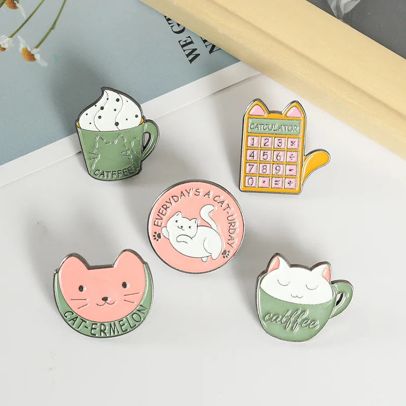 Funny Cute Coffee Cat Collection Enamel Pin Calculator Badges Ice Cream Cup Brooches Lazy Bearded Cat Lapel Pins