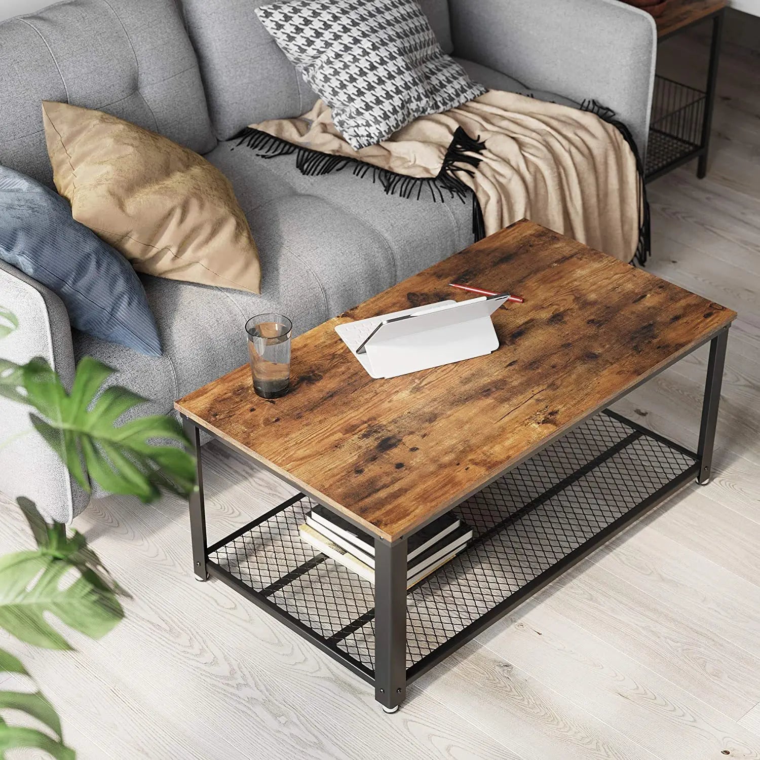 Best Selling Metal & Wood Rectangular Coffee Table with Wooden Finish Minimalist Design for Living Room Furniture