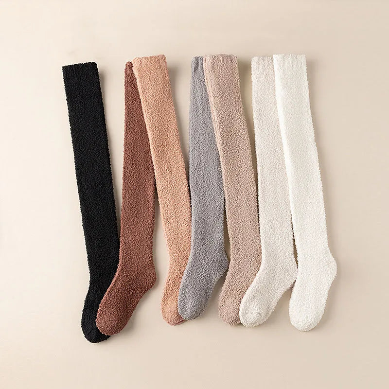 Winter Warm Coral Fleece Over-knee High Socks for Women Plush Home Sleep Floor Long Socking Jk Solid Soft Thigh High Fun Sock