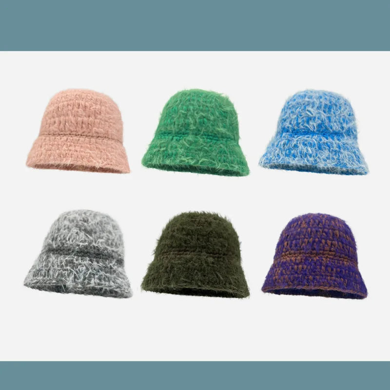 Wool Blend Knit Woolen Cap Winter Plush Bucket Hats for Women Candy-colored Crochet Caps Fashion Warm Ski Beanie Cap