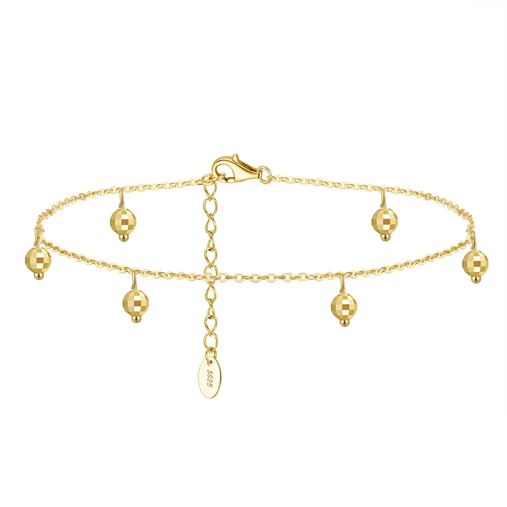 SA26 RINNTIN 925 Sterling Silver Summer Beach Gold Foot Jewelry 1mm Cable Chain with 4mm Round Beads Anklet for Women