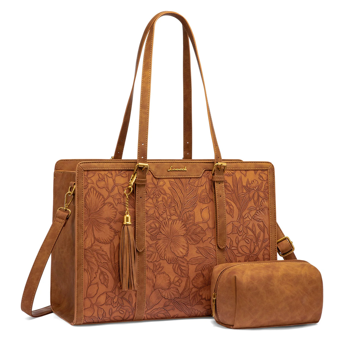 LOVEVOOK Laptop Bag for Women Vintage PU Leather Office Tote 15.6 17 Inch Large Capacity Computer Bag with Clutch Purse for Work MegaBDM