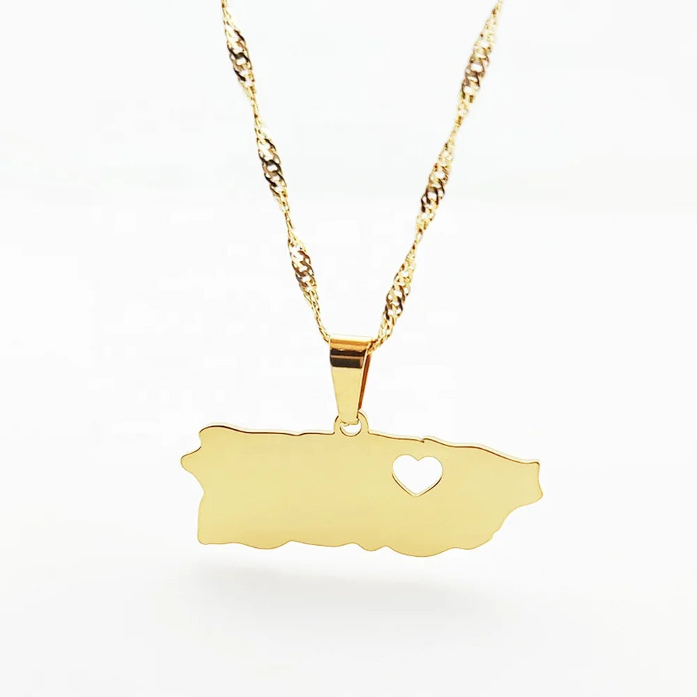 Stainless Steel Bijoux Puerto Map Necklace With Heart Joyas Customized PR Puerto Ricans Pendant Necklaces Jewelry Wholesale
