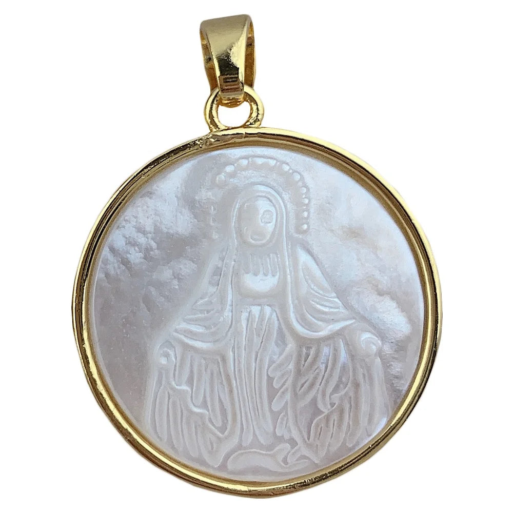 Round Medal Virgin Mary Pendants Charms Women Natural Mother of Pearl Shell Religious Necklace Jewelry