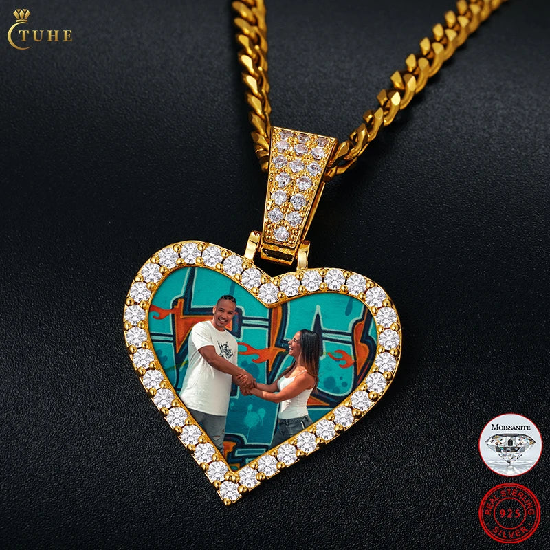 Womens VVS Moissanite Diamond 25mm Heart Shape Custom Photo Pendant Hip Hop Gold Plated Silver Picture Pendant Necklace MegaBDM