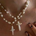 Vintage Best Selling Baroque Pearl Necklace Stainless Steel Beads Necklace Cross Shell Pendant Necklace for Women