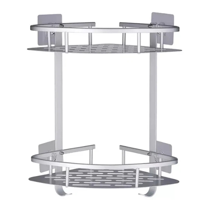 Durable Adhesive Aluminum Alloy Modern Dual Tier Corner Chrome Wall Mounted Shower Shelf & Caddy for Hotel & Home Use