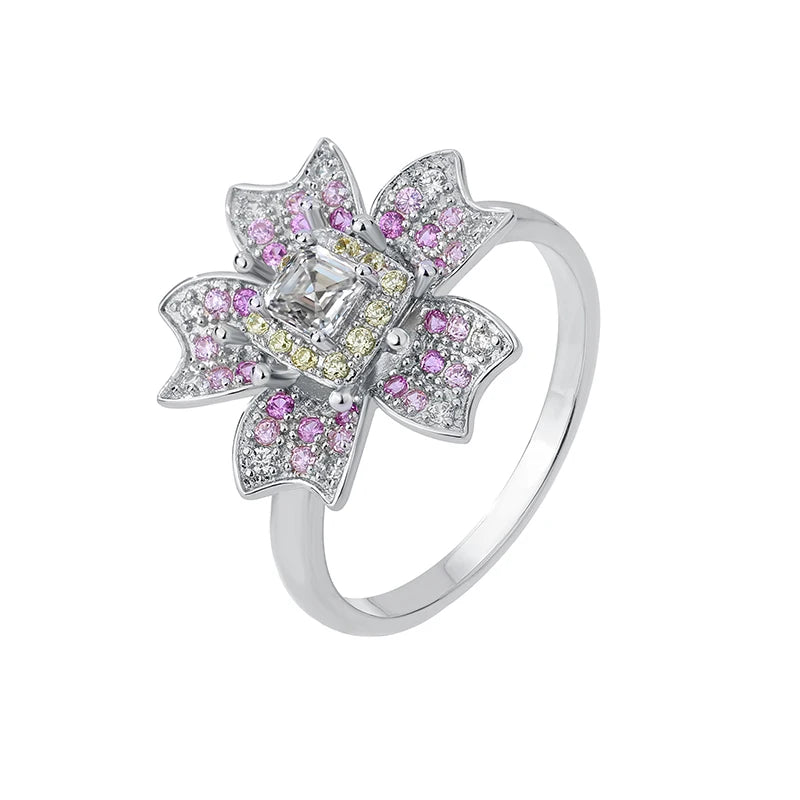 Luxury 925 Sterling Silver Engraved Colorful Zircon Flower Rhodium Plated Fine Everyday Wear Women's Ring Jewelry