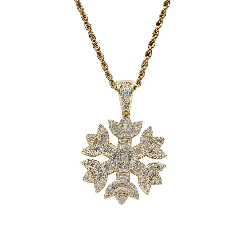 CN223 Brass Setting CZ Snowflake Pendant Iced Out Cubic Zircon Rope Chain Necklace Hip Hop Gift Jewelry MegaBDM