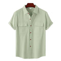 Summer Men Casual Linen Shirts Slim-Fit Simple Design Double Pocket Short Sleeve Lapel Japan Refreshing Comfortable Tops