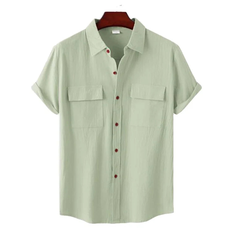 Summer Men Casual Linen Shirts Slim-Fit Simple Design Double Pocket Short Sleeve Lapel Japan Refreshing Comfortable Tops