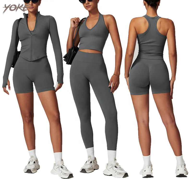 Wholesale Women's Sports Gym Wear Fashion Sports Bra & Elastic Waist Leggings Yoga Shorts Set Custom Fitness & Outdoor Yoga Gear