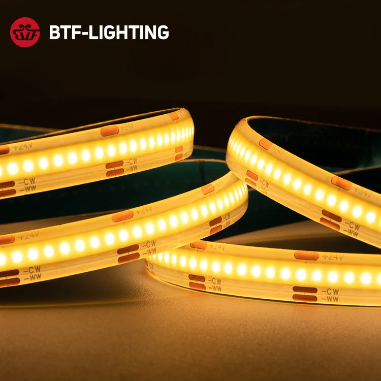 BTF LIGHTING High Density Dual White Tunable DC24V 640leds/m Ip65 Strip Waterproof Cob CCT Led Streifen