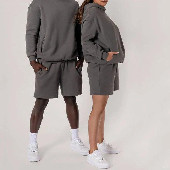 L230580 Custom Logo Unisex Tracksuit Sweatsuit Hoodies Short Sets Oversized Hoodie and Shorts Two Piece Jogger Set for Men Women