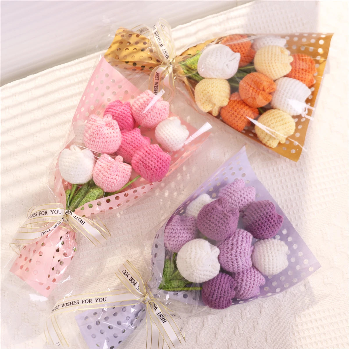 Eternal Warm Artificial Flower Bouquet Knitted Tulip Great Gift for Family Friend Girlfriend