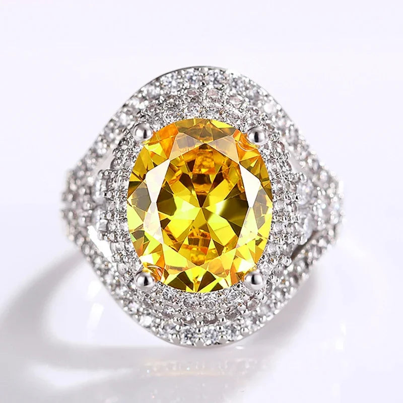 CAOSHI Factory Gorgeous Bright Oval Yellow Crystal Cubic Zirconia Big Rings for Engagement Wedding Silver Plated CZ Rings Women