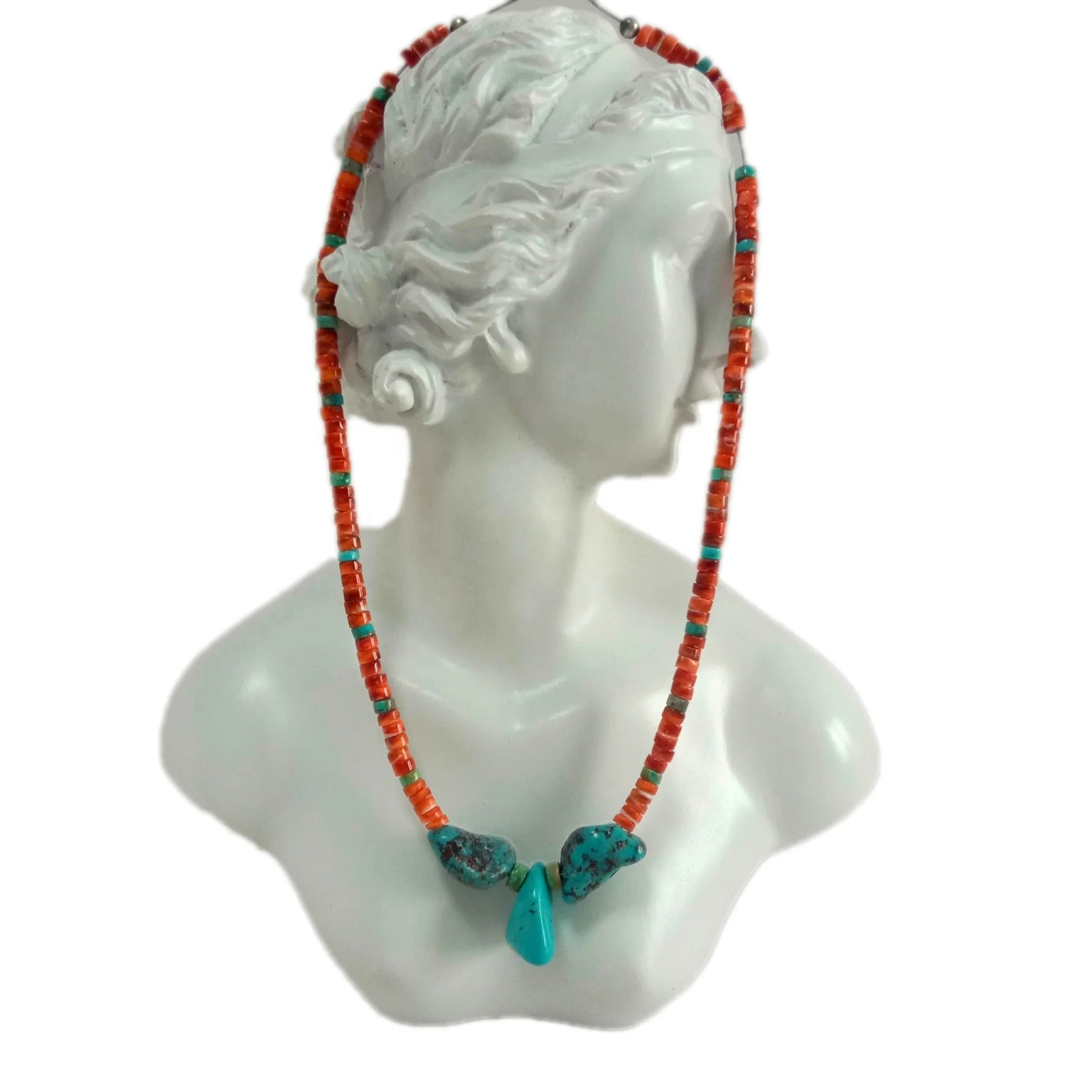 Natural Turquoise spiny oyster Navajo Southwestern Native 925 Sterling Silver Necklace