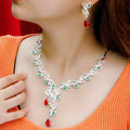 Delicate Multicolor Red Cubic Zircon Jewelry Women Luxury Big Chunky Leaf Shaped Wedding Drop Earrings Necklace Set for Bridal