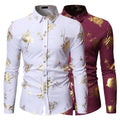 Mens Luxury Dress Shirts Shiny Gold Print Top Hipster Outfits Wedding Party Clothes White Tuxedo Shirt