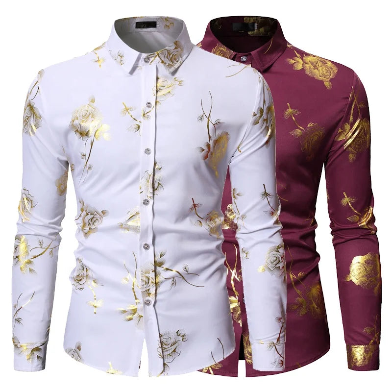 Mens Luxury Dress Shirts Shiny Gold Print Top Hipster Outfits Wedding Party Clothes White Tuxedo Shirt