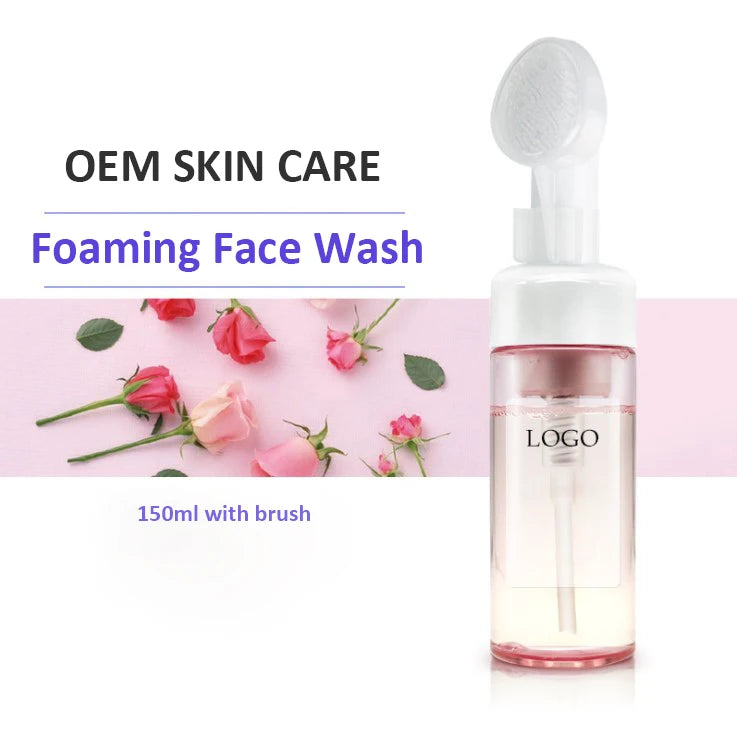 OEM Private Label Natural Rose Foaming Face Wash Deep Cleansing Brightening Face Foam Cleanser with Brush