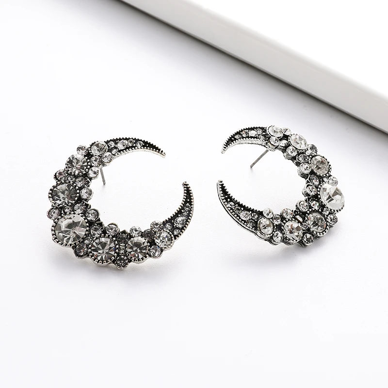 Vintage Moon Shaped Stud Earrings Women Jewelry Rhinestone Crystal Crescent Moon Earrings