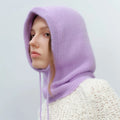 Custom Logo Knit Balaclavas Womens Winter Knitted Hoodie Hats Caps Warm Beanie Solid Color Rabbit Hair Balaclava With Drawstring