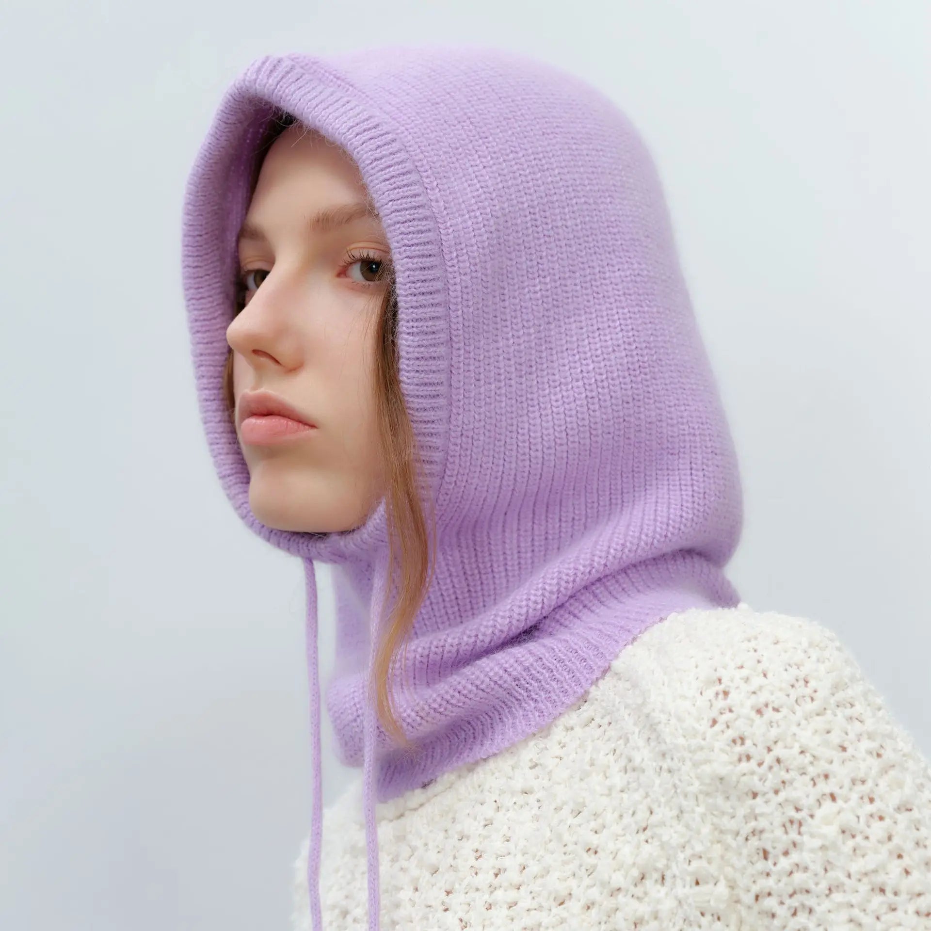 Custom Logo Knit Balaclavas Womens Winter Knitted Hoodie Hats Caps Warm Beanie Solid Color Rabbit Hair Balaclava With Drawstring