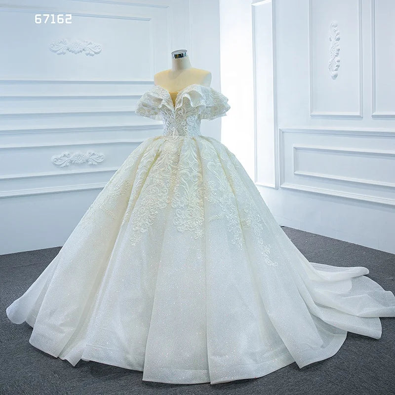 Jancember RSM67162 Luxury Off Shoulder Lace Applique Ball Gown Bridal Wedding Dress