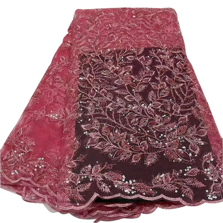 African Tulle Bridal Beads Lace Fabric Blush Embroidered Guipure Lace Fabric With Sequins