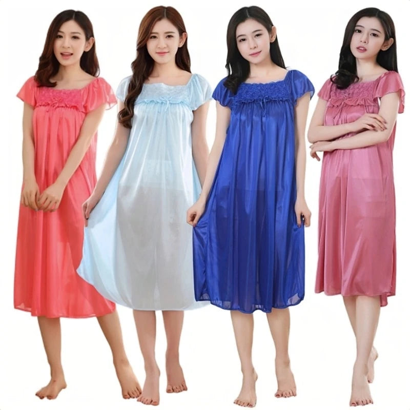 Women Ice Silk Soft Nightgown Flower Bow Trim Home Bathing Dress New Lady Leisure Summer Sleepwear