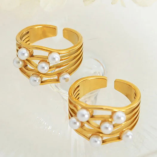 Fashion Women Jewelry Minimalist Multi-layer Wavy Niche Style Elegant Stainless Steel Opening Adjustable Pearl Ring