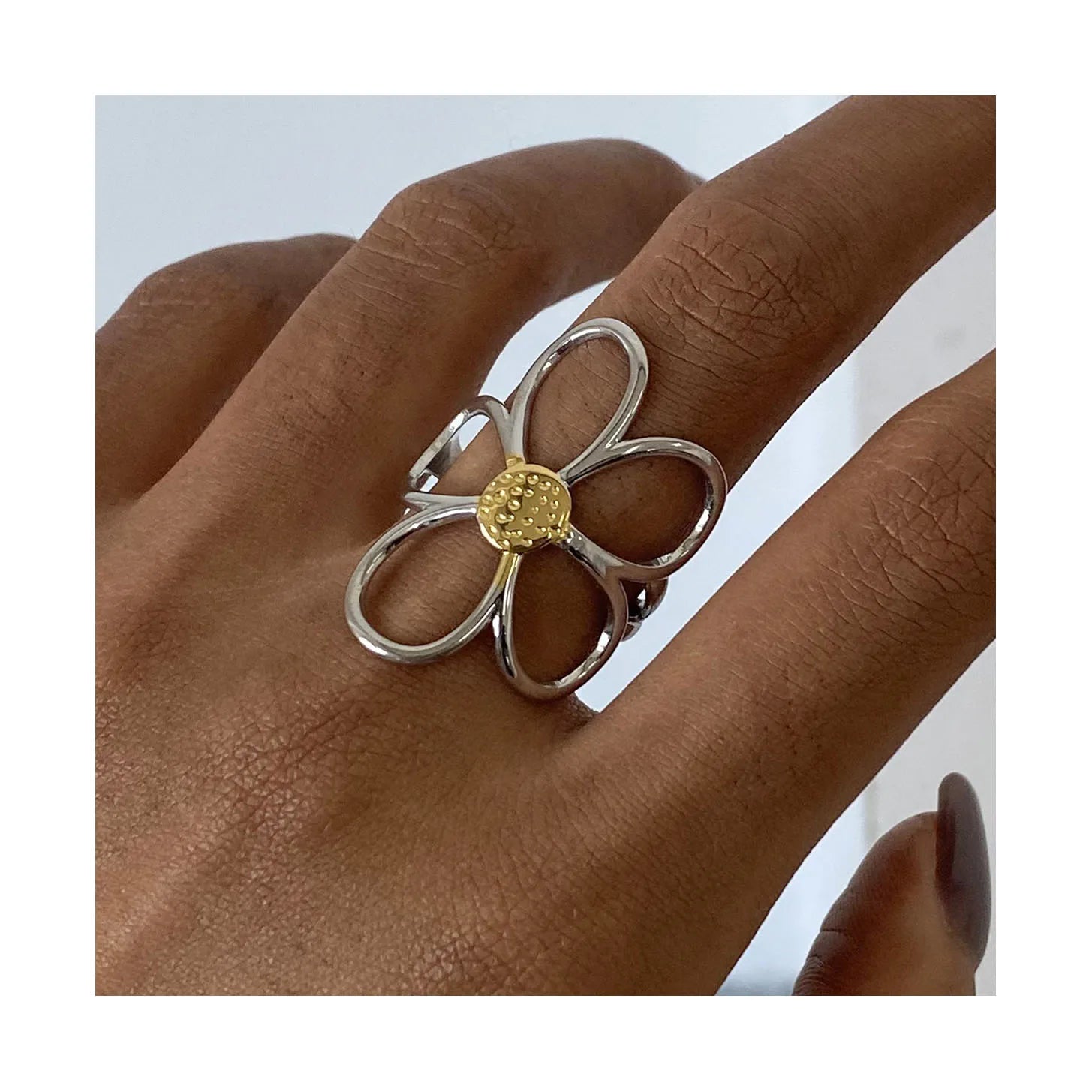 ERESI Delicate Jewelry Two Color Tones 18K Gold Plated Stainless Steel Dainty Irregular Flower Stacking Opening Ring for Women