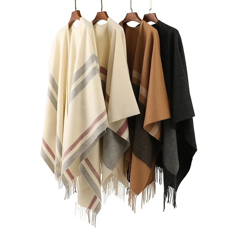 Wholesale Stock New Custom Autumn and Winter Women's Tassel Patchwork Color Warm Shawls Loose Wool Poncho