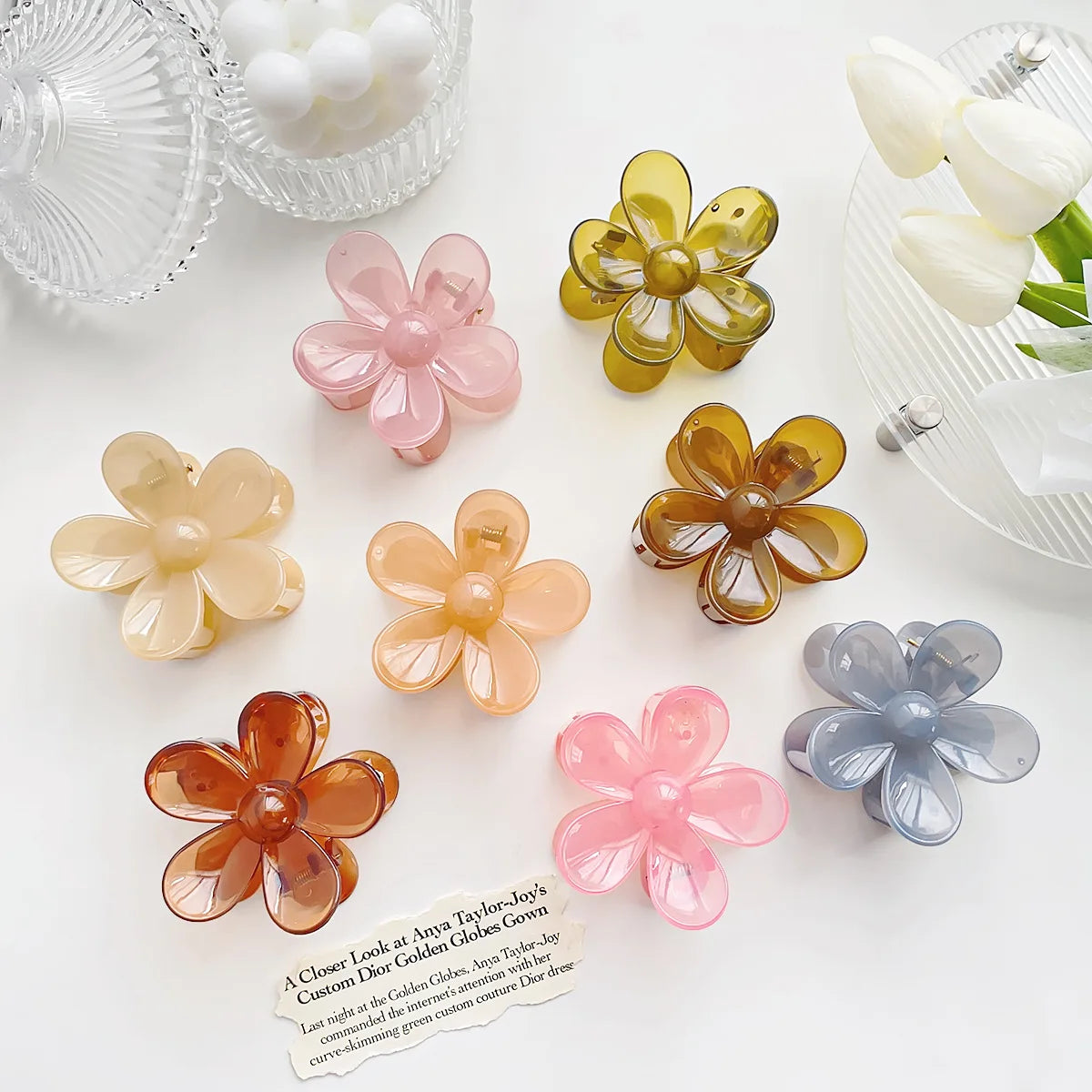 KUACHI Wholesale Plastic Big Flower Hair Claw Korean Version Large Sweet Girl Clear Hair Clip Claw Custom Hair Claws for Women
