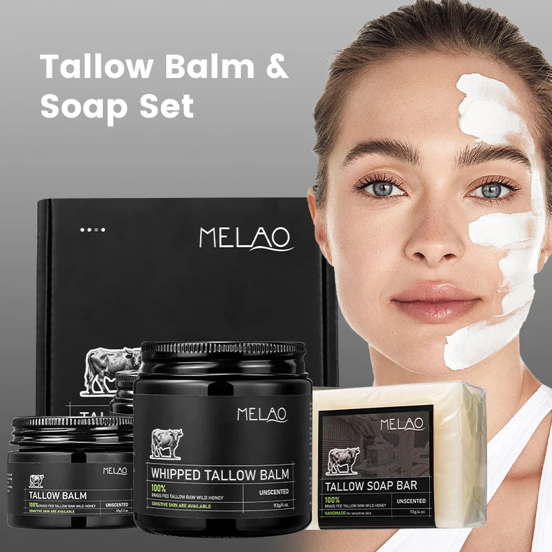 MELAO 100% Natural Private Label Grass Fed Beef Tallow & Honey Balm and Facial Wash Soap Bar Skin Care for Face Moisturizer Cleanser