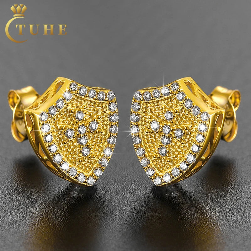 Hot Popular 18k Gold Plated 925 Sterling Silver Cross Pattern Ear Vvs Moissanite Diamond Men Shield Stud Earrings