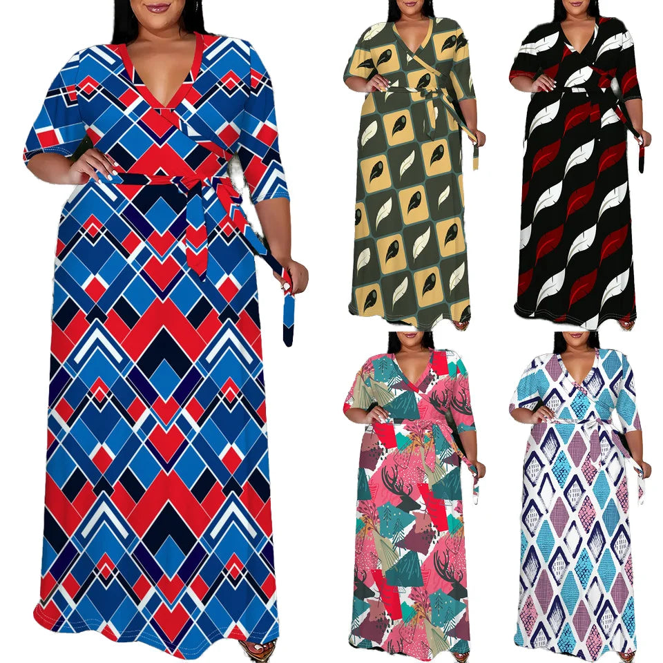 Custom V-Neck Maxi Dress for Curvy Women Elegant Flowy Floor-Length Gown Unique All-Over Prints Casual Elegant Plus Size Natural