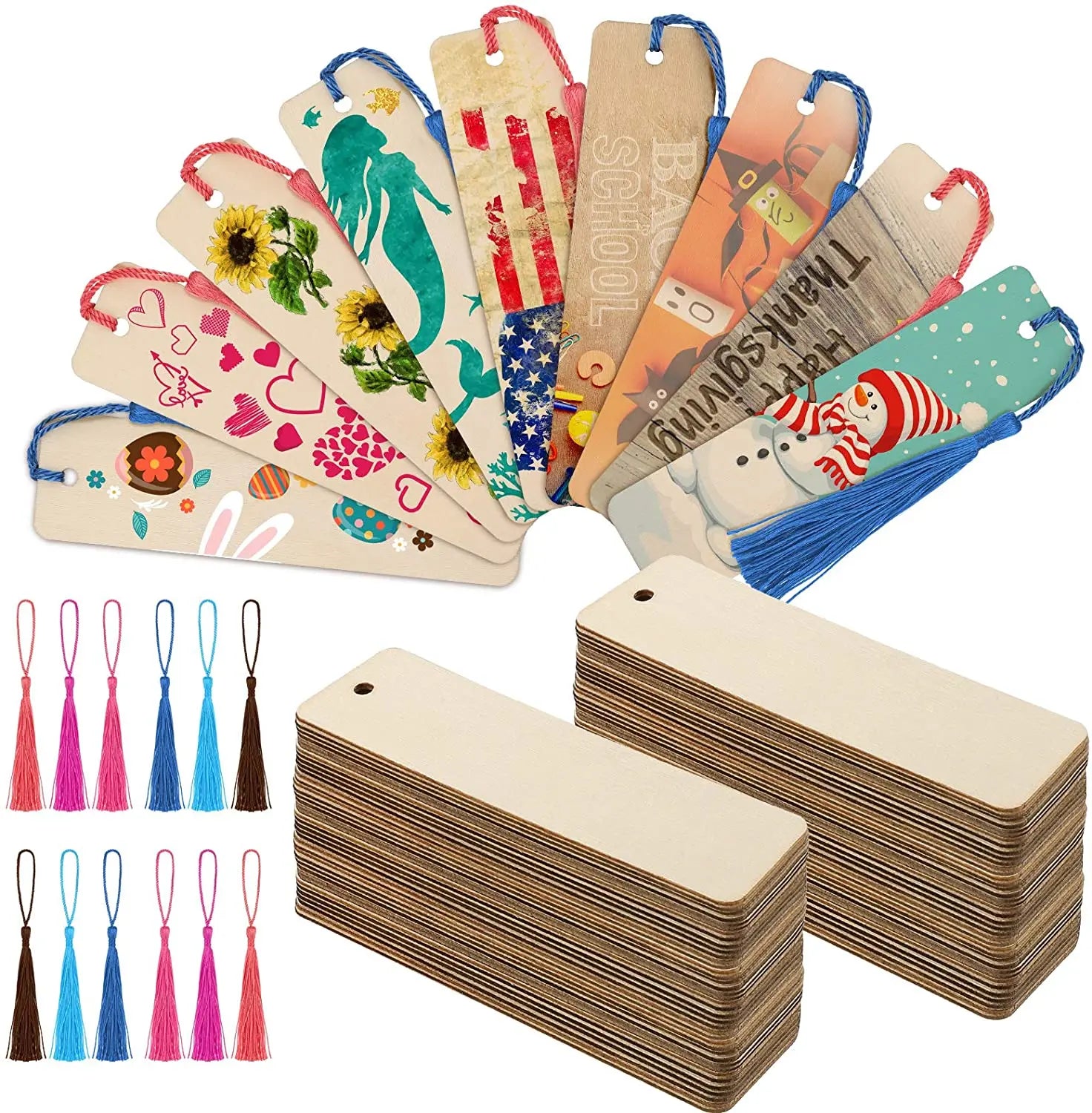 Tailai 6 Colors Tassels Wood Bookmark Bulk Blank Bookmarks Wooden Book Markers DIY Wood Rectangle Thin Hanging Tag with Holes