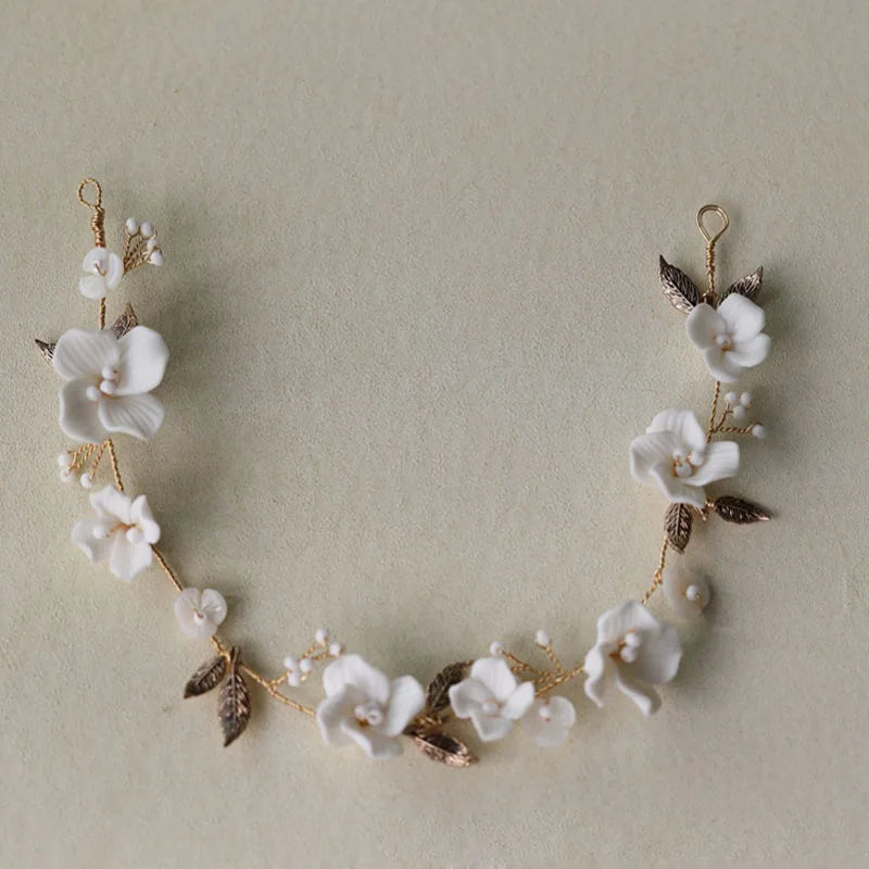 SLBRIDAL Rhinestones Freshwater Pearls Ceram Flower Alloy Leaf Bridal Jewelry Set Wedding Headband Hair Comb Earring Bracelet