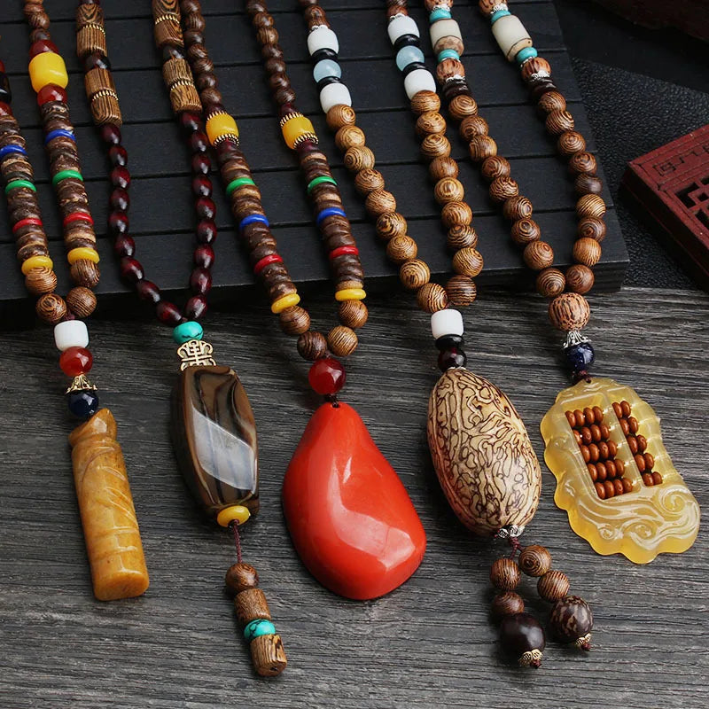 Wholesale Boho Jewelry Men Vintage Nepal Necklace Religion Tribal Wood Beads Jewelry Handmade Long Boho Beaded Necklace Women