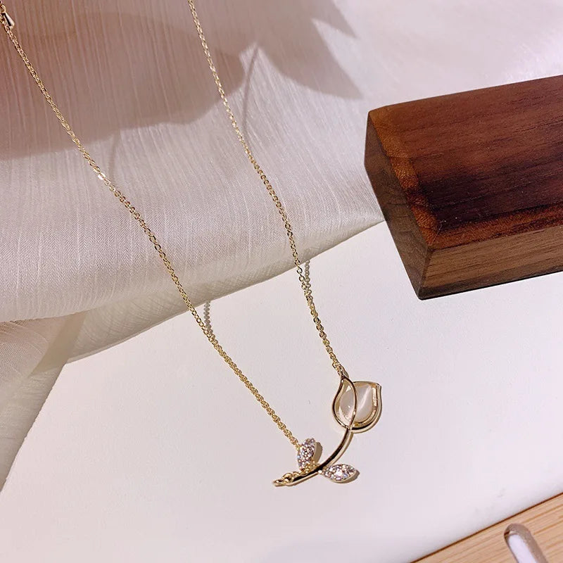 Kalung Bunga Elegant Zircon Opal Rose Gold  Tulip Crystal Choker Necklace Women Wedding Jewelry Tulip Necklace