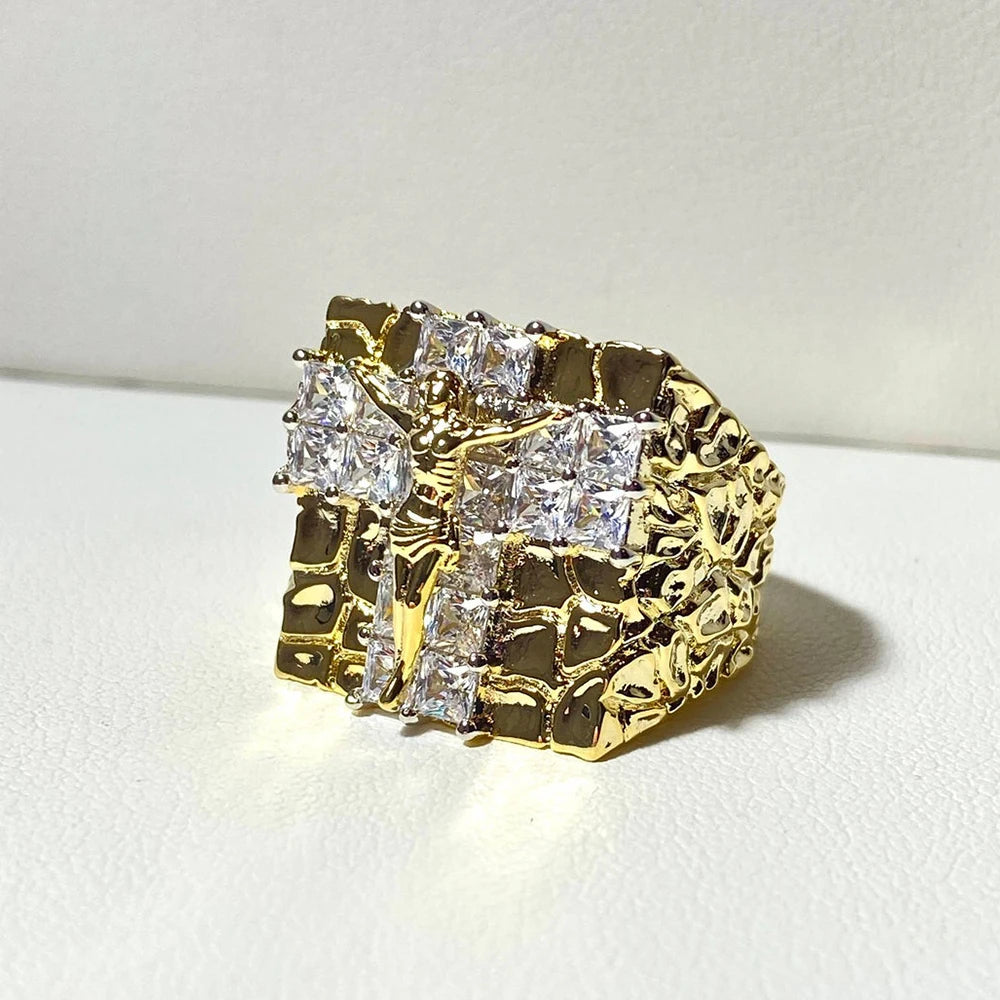 Church Anniversary Gift Mens 18k Gold Plated Sterling Silver Crucifix Jesus Christ Zircon Cross Ring