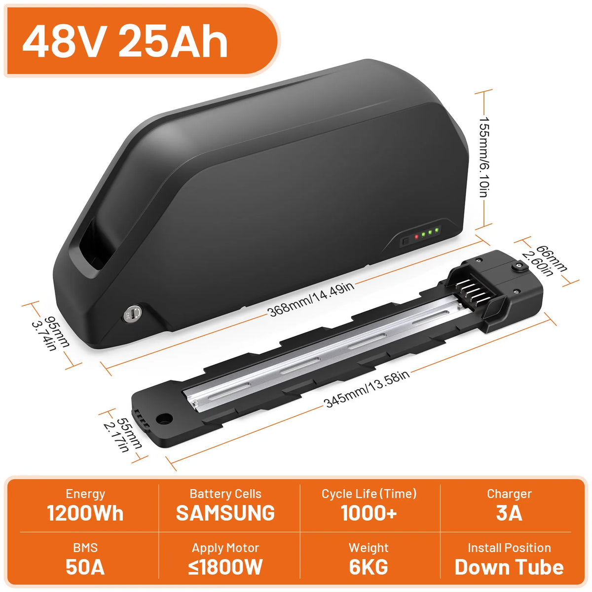 Polly Electric Battery 48V 25AH Lithium Charger for 1000W E-Bike Compatible With Mid Drive 1000W Motor Kits