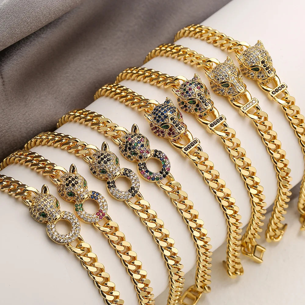 European and American Copper Plated 18K Gold Zircon Leopard Bracelet Female Niche High Fashion Hip Hop Hand Jewelry