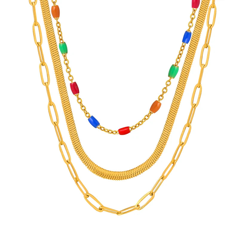 Personality Fashion Trend Three-layer Stainless Steel Plated Gold Collarbone Necklace for Women